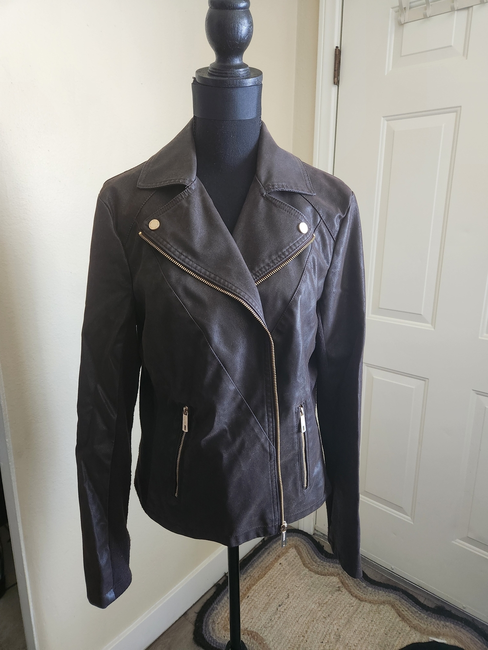 Kenneth Cole Reaction Women's Chocolate Brown Faux Leather Moto Jacket